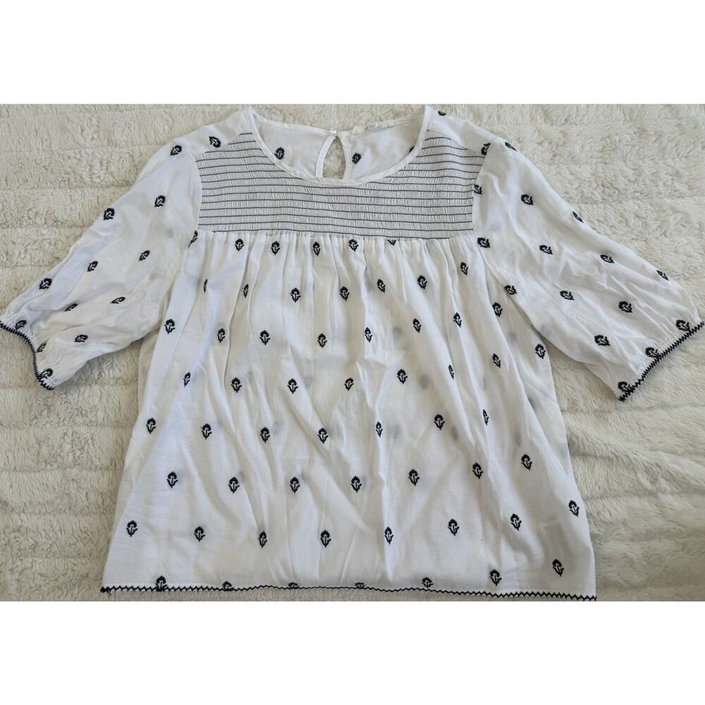 Splendid White Black Floral Smocked Peasant 3/4 Sleeve Button Blouse Women's M
